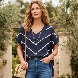 Chico's Navy Blue and White Short Sleeve V-Neck Tee
